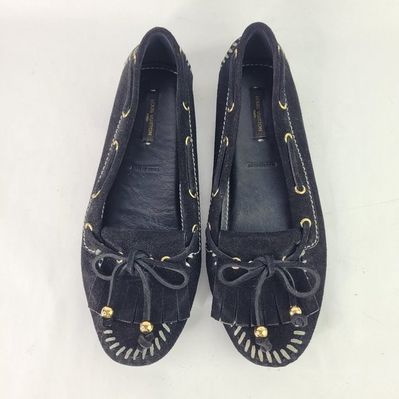 Louis Vuitton Black Suede Leather Bow Kiltie Loafers Sz 7.5 Driving Moccasins - Picture 1 of 16